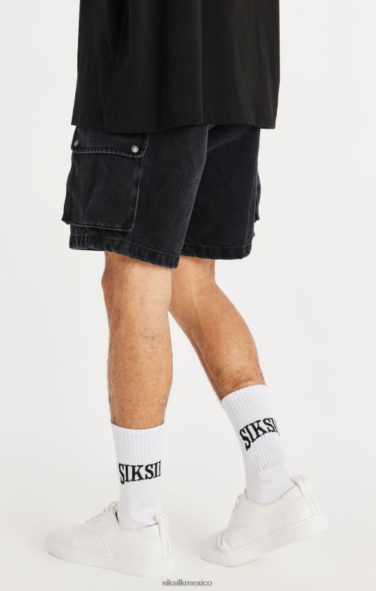pantalón corto cargo de mezclilla negro vestir hombres SikSilk 8TT44N598