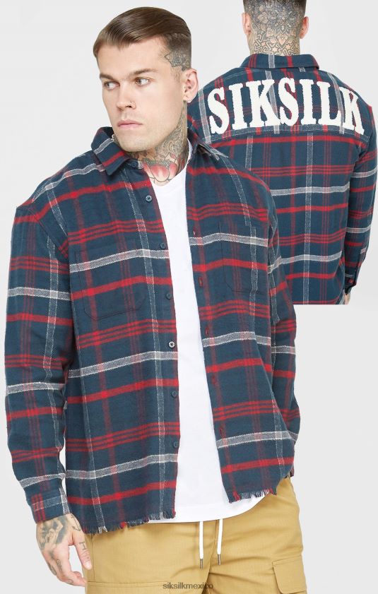 camisa de manga larga a cuadros con logo de toalla azul marino vestir hombres SikSilk 8TT44N466