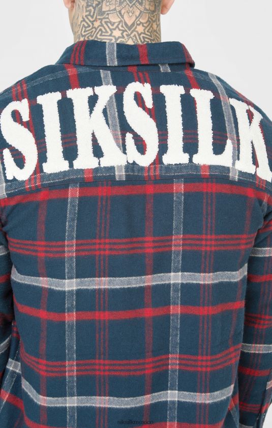 camisa de manga larga a cuadros con logo de toalla azul marino vestir hombres SikSilk 8TT44N466