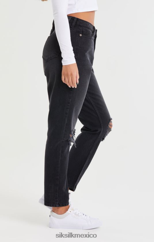 Vaqueros Mom de mezclilla con roturas en las rodillas en negro lavado vestir mujer SikSilk 8TT44N191