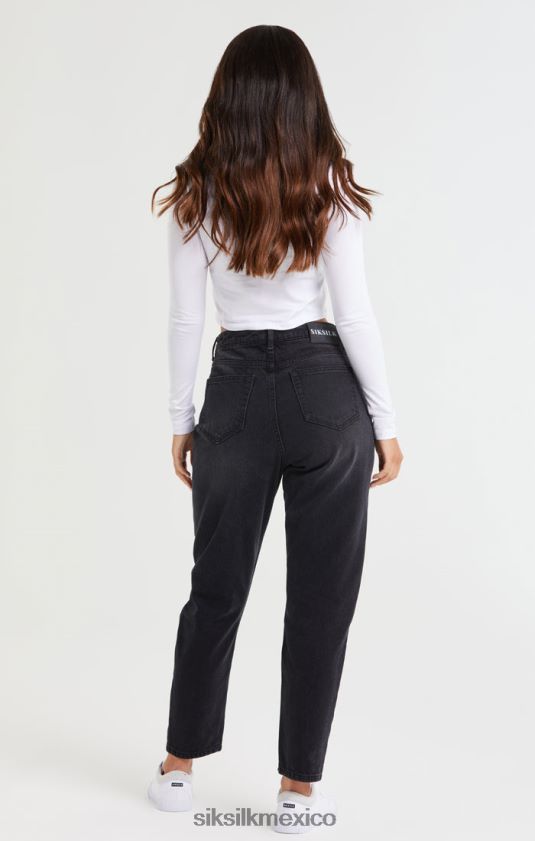 Vaqueros Mom de mezclilla con roturas en las rodillas en negro lavado vestir mujer SikSilk 8TT44N191